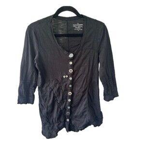 Neon Buddha Black Ruffle Trim Novelty Media Metal Buttons A Line Tunic Top M